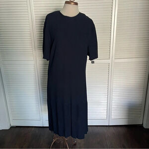 Vintage Tamotsu navy blue classy simple chic midi sheath dress pleated 1X
